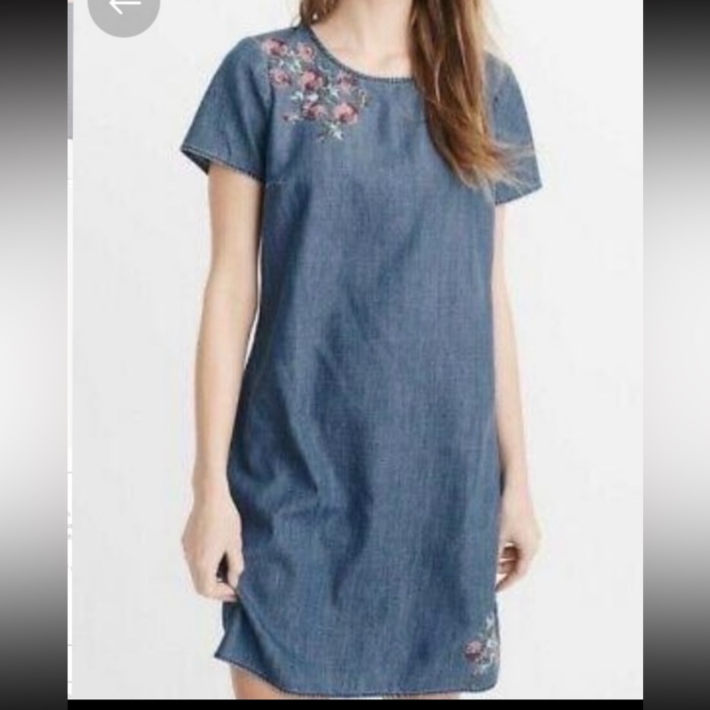 Abercrombie & Fitch Denim Chambray aFloral Embroidered  Shift Dress Size Small